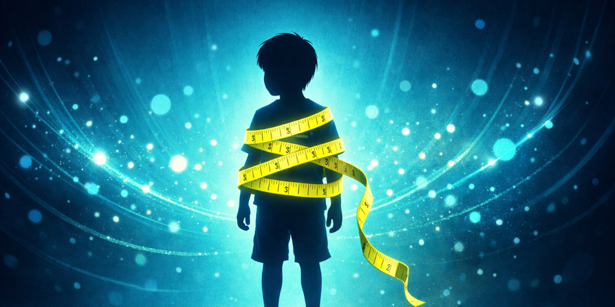 Silhouette eines Kindes, umwickelt von einem gelben Maßband vor leuchtendem, blauen Hintergrund