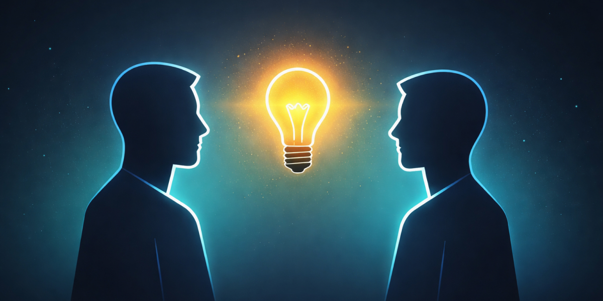 Zwei Personen im Profil mit leuchtender Glühbirne zwischen ihnen als Symbol für gemeinsamen Austausch
