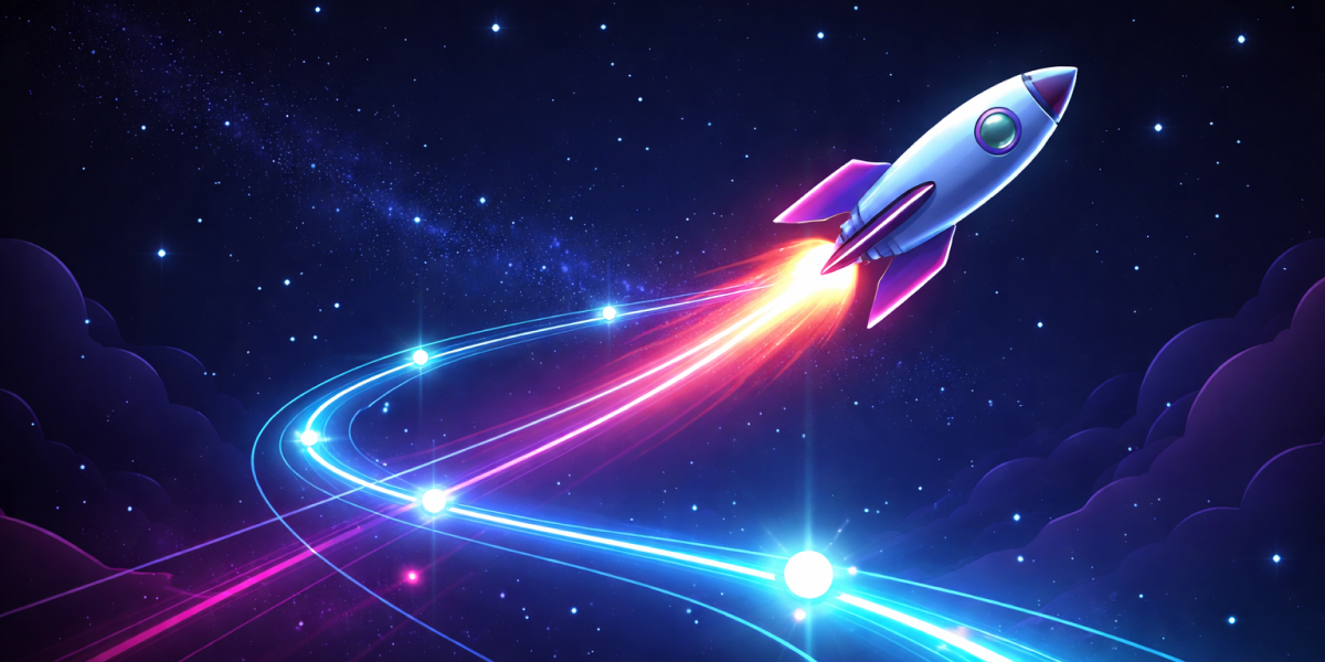 Illustration einer startenden Rakete im Weltraum als Symbol für Fortschritt, Zielklarheit und Motivation