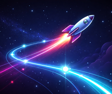 Illustration einer startenden Rakete im Weltraum als Symbol für Fortschritt, Zielklarheit und Motivation