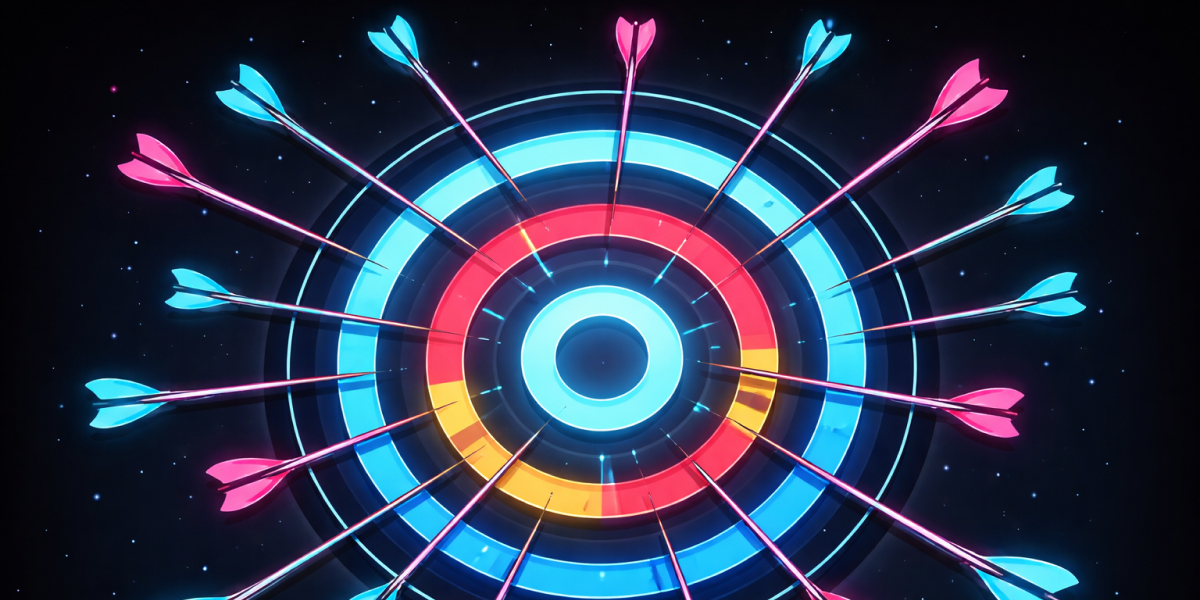 Bunte Zielscheibe mit zahlreichen Pfeilen, die gleichmäßig das Zentrum treffen