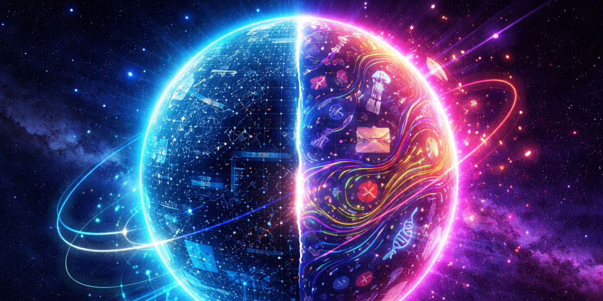 Futuristische, zweigeteilte Kugel im Weltraum, die Logik und Wissen visuell gegenüberstellt