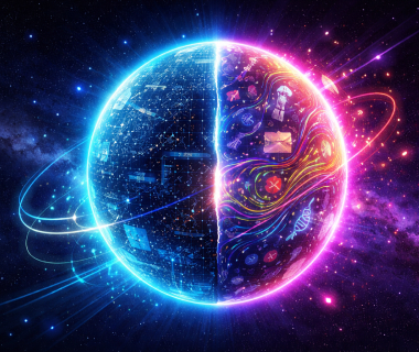 Futuristische, zweigeteilte Kugel im Weltraum, die Logik und Wissen visuell gegenüberstellt
