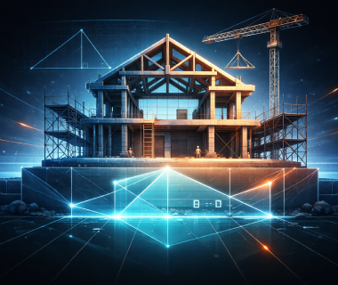 Visualisierung eines im Bau befindlichen Hauses mit digitalen Geometrieelementen als Symbol für mathematisches Denken