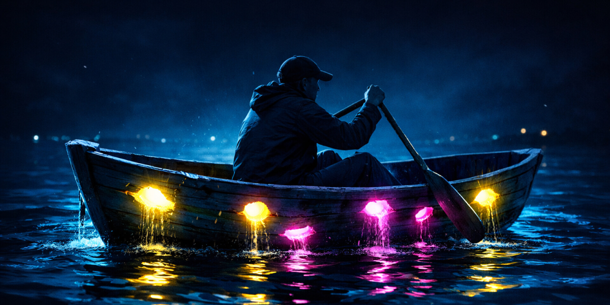 Ein Mann rudert nachts in einem leuchtenden Holzboot mit farbigem Licht auf dunklem Wasser