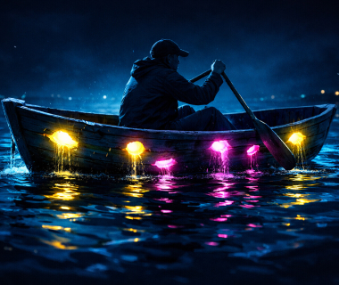 Ein Mann rudert nachts in einem leuchtenden Holzboot mit farbigem Licht auf dunklem Wasser