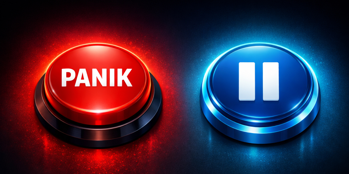 Zwei leuchtende Knöpfe: einer rot mit 'PANIK', einer blau mit Pausensymbol