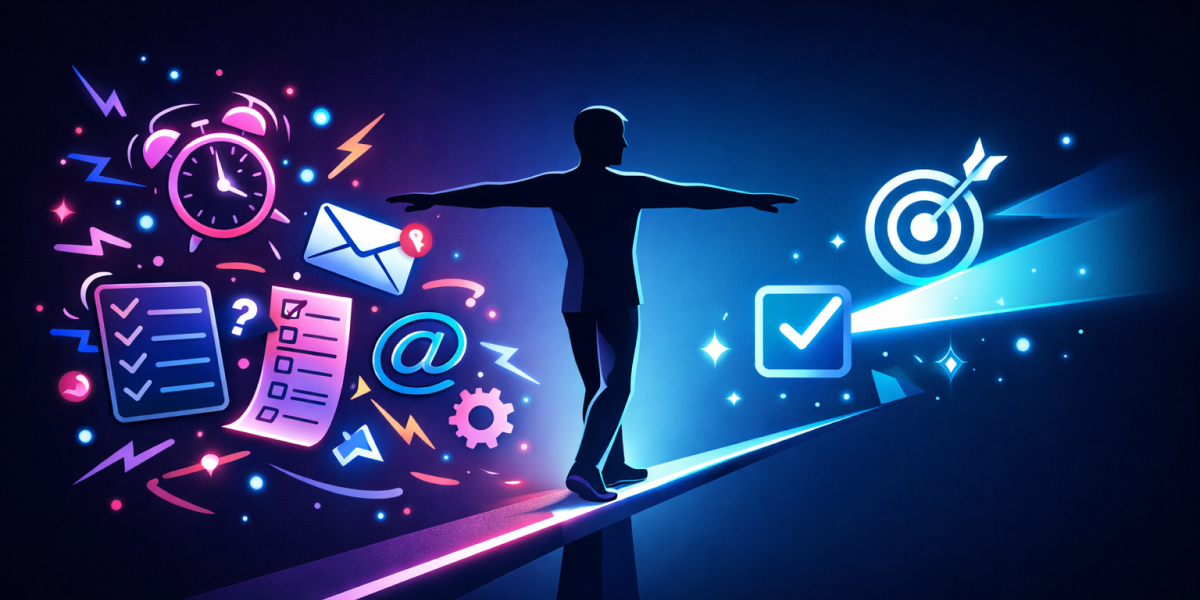 Silhouette balanciert zwischen Chaos aus Aufgaben und klarem Ziel als Symbol für Fokus und Produktivität