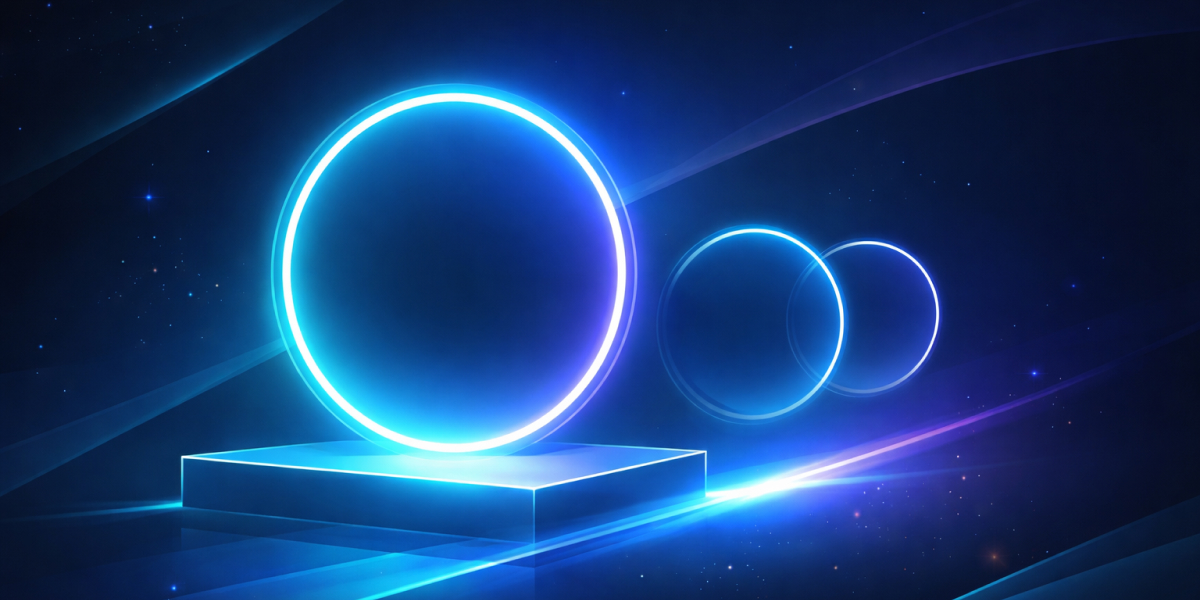 Leuchtende blaue Ringe schweben futuristisch im Raum vor dunklem Hintergrund