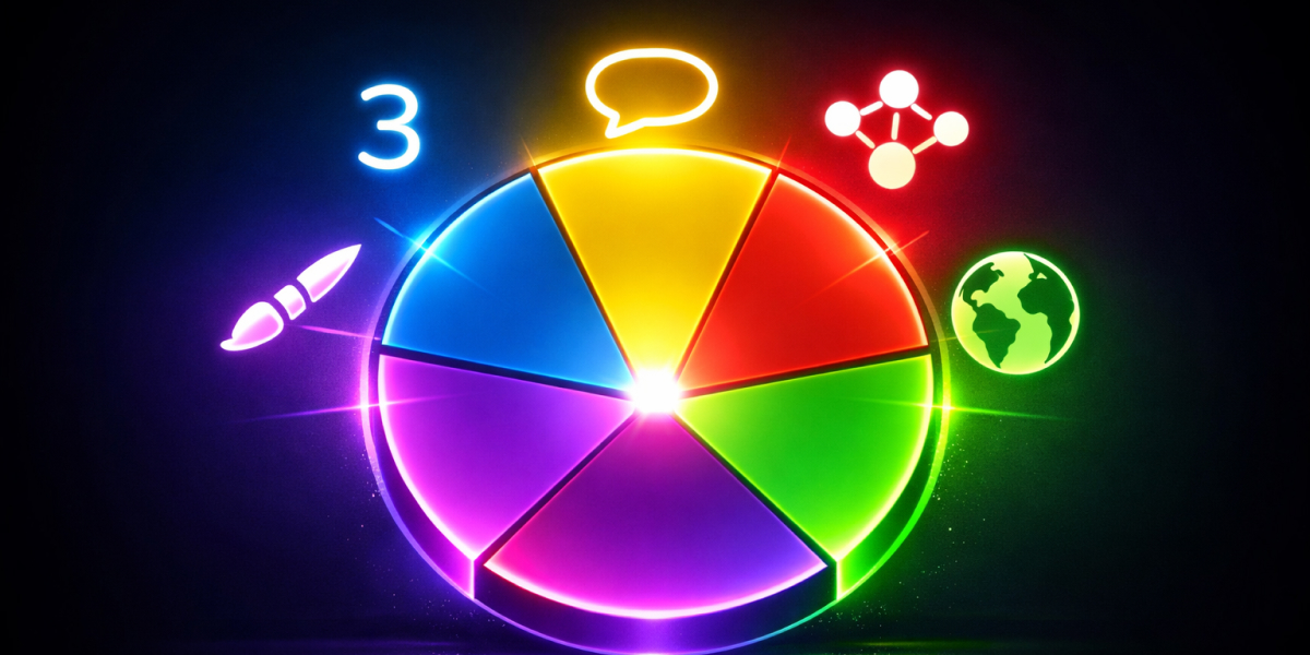 Leuchtendes, buntes Kreisdiagramm mit Symbolen für Sprache, Netzwerk, Weltkugel, Rakete und Zahl 3