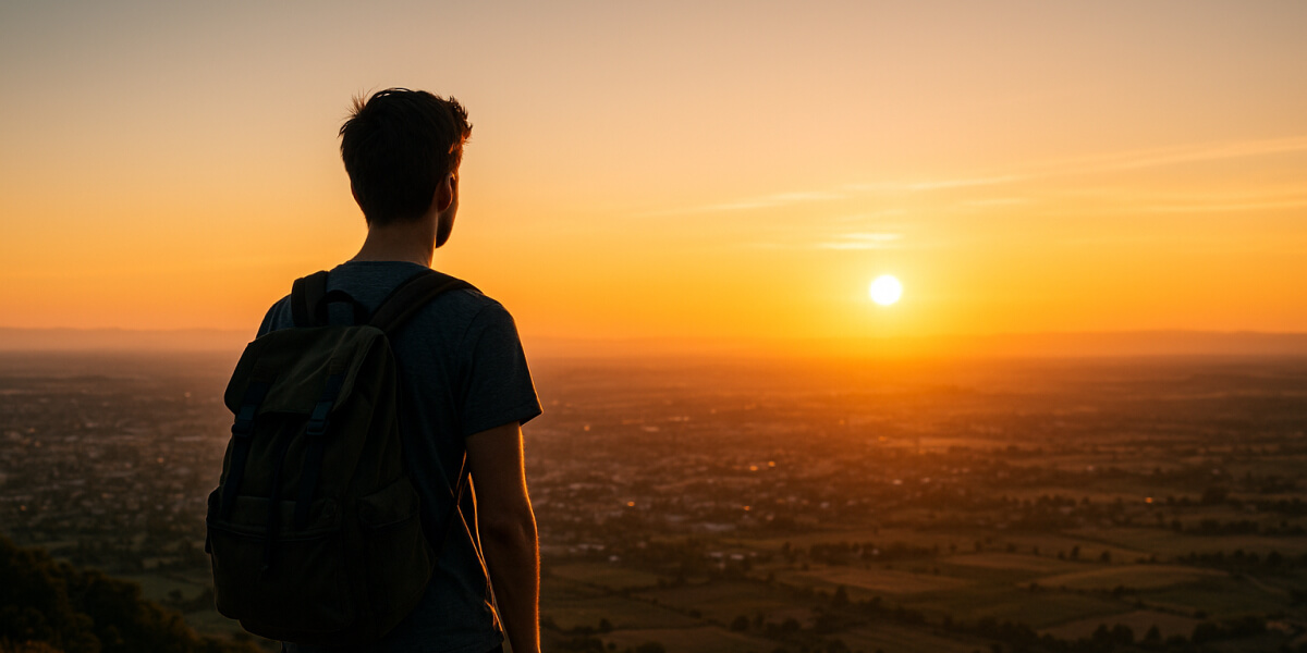 Student mit Rucksack blickt bei Sonnenuntergang auf eine weite Landschaft