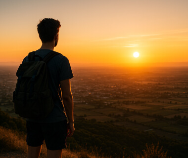 Student mit Rucksack blickt bei Sonnenuntergang auf eine weite Landschaft