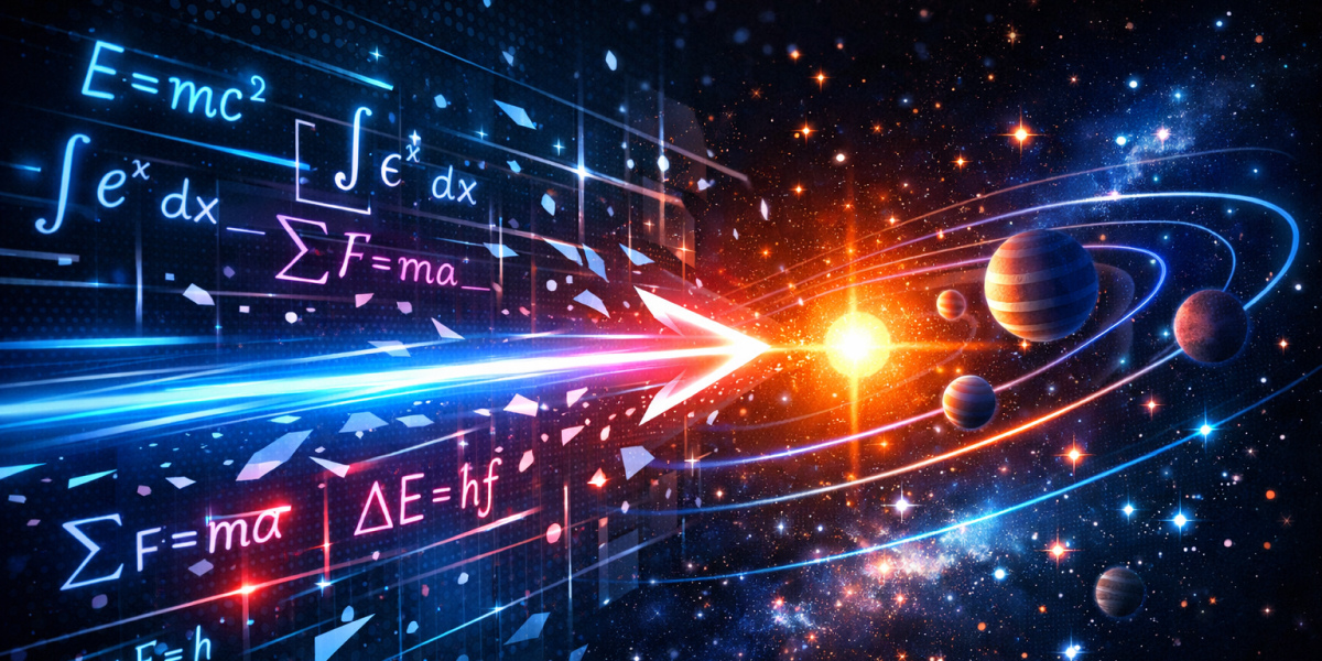 Illustration physikalischer Formeln, Lichtstrahl und Planetensystem im Universum