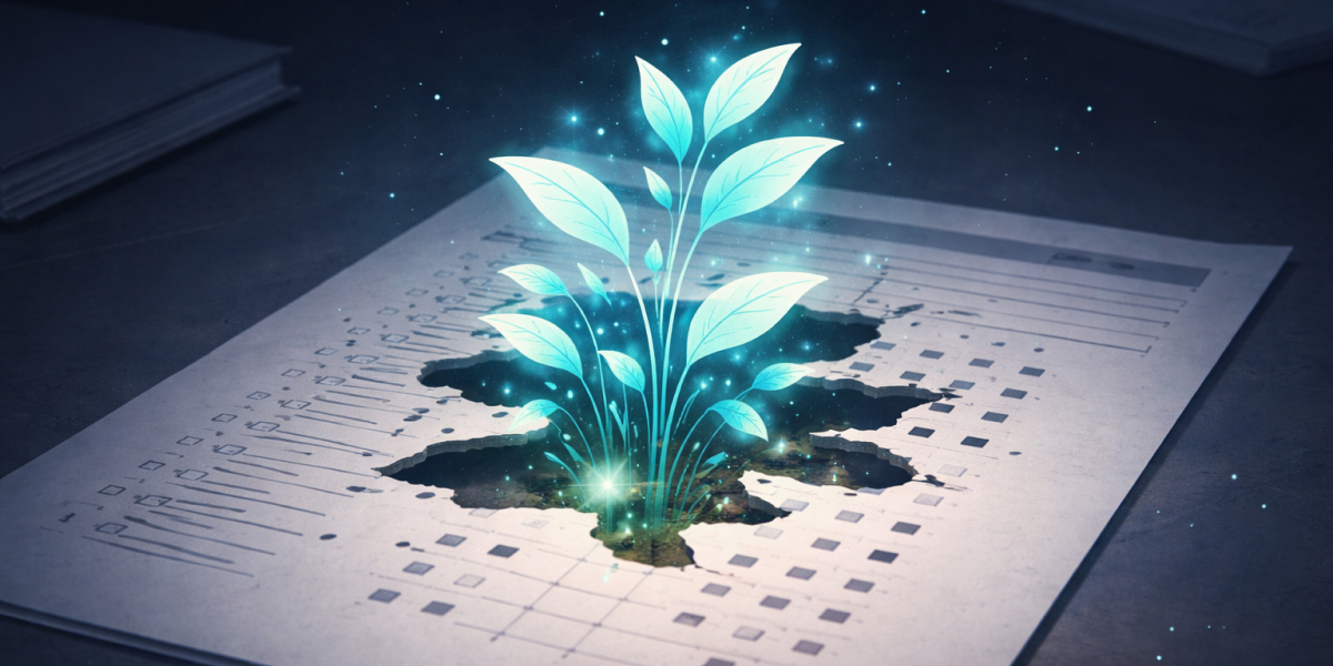 Leuchtende Pflanze wächst durch ein aufgerissenes Zeugnisformular als Symbol für verborgene Lernfähigkeit