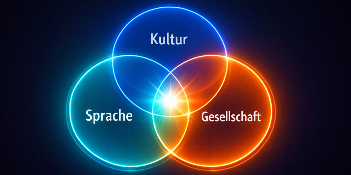 Leuchtendes Venn-Diagramm mit den Begriffen Sprache, Kultur und Gesellschaft in drei überlappenden Kreisen