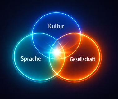 Leuchtendes Venn-Diagramm mit den Begriffen Sprache, Kultur und Gesellschaft in drei überlappenden Kreisen
