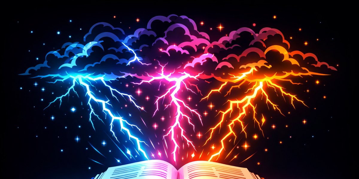 Offenes Buch mit farbigen Blitzen, die aus dunklen Wolken hervorschießen - Symbol für Lernstress