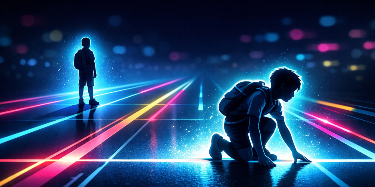 Zwei Schüler auf einer futuristischen, leuchtenden Bahn - einer startbereit, der andere abwartend im Hintergrund