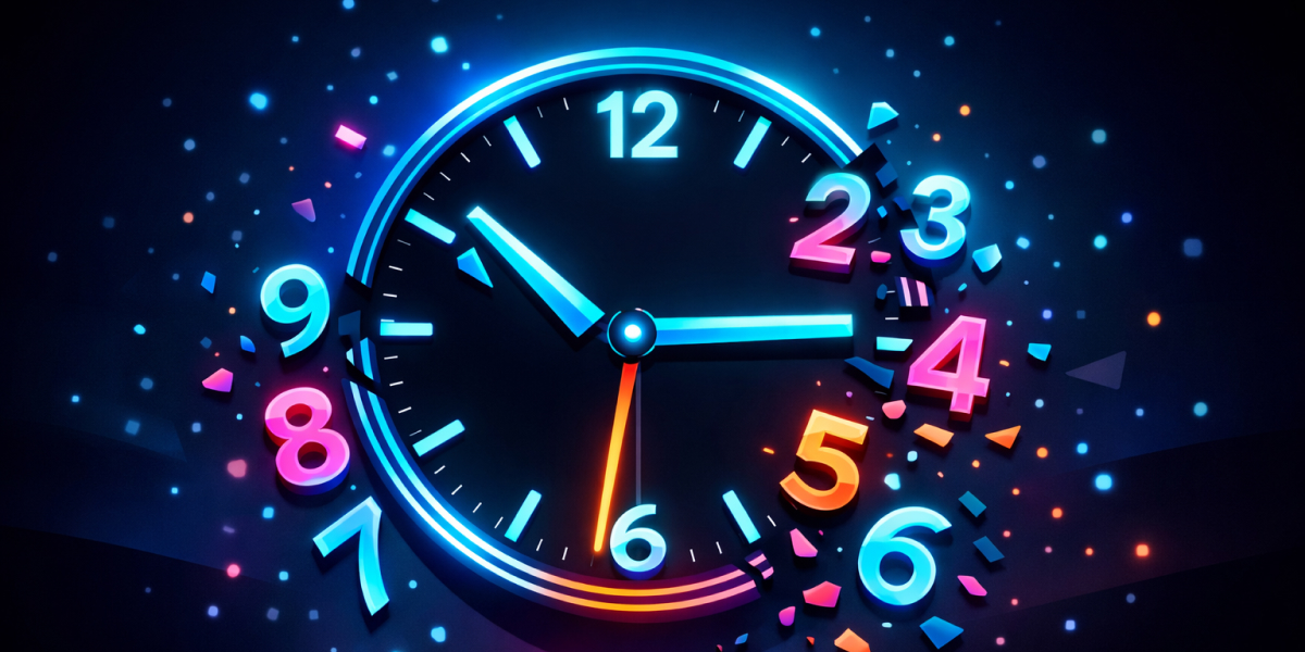 Eine bunte, digital leuchtende Uhr mit zerbrechenden Zahlen in dunklem Hintergrund