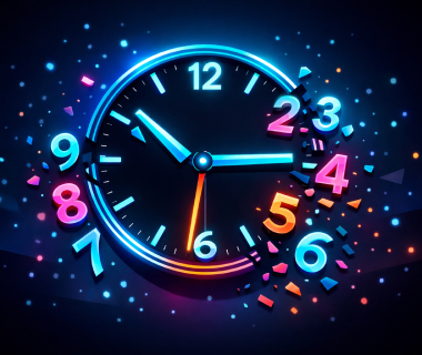 Eine bunte, digital leuchtende Uhr mit zerbrechenden Zahlen in dunklem Hintergrund