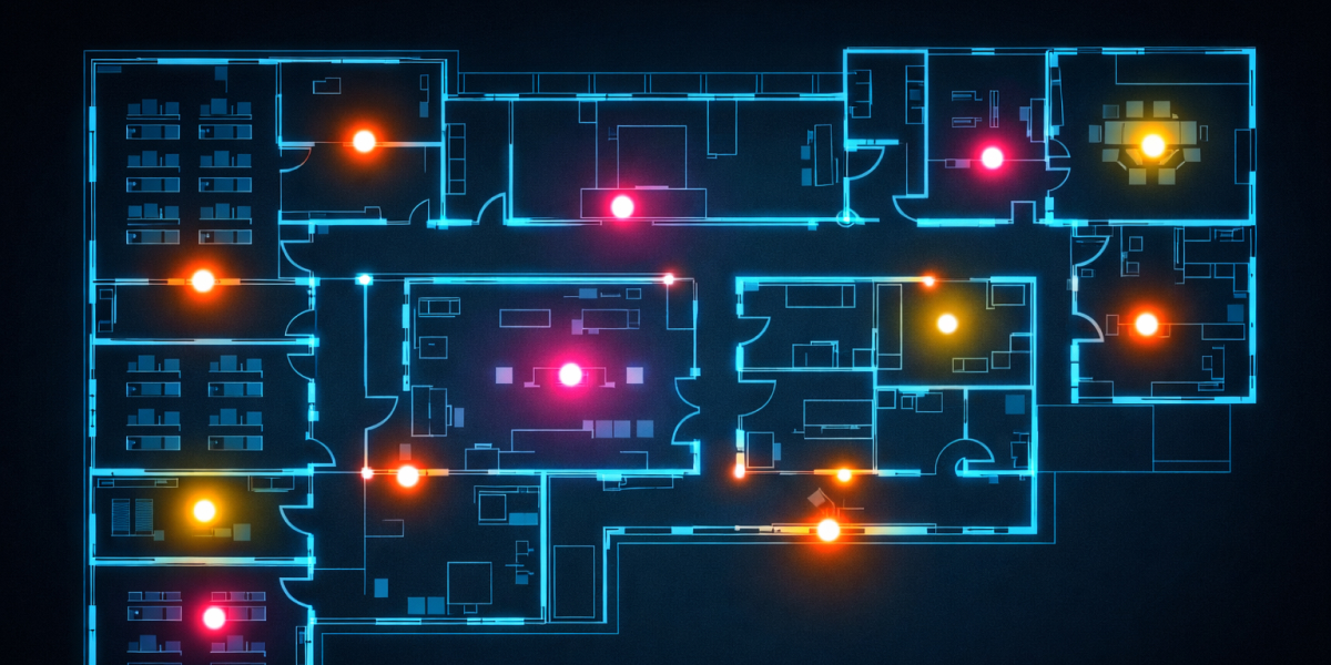Digitaler Grundriss eines Schulgebäudes mit farbigen Markierungen für Entscheidungsbereiche