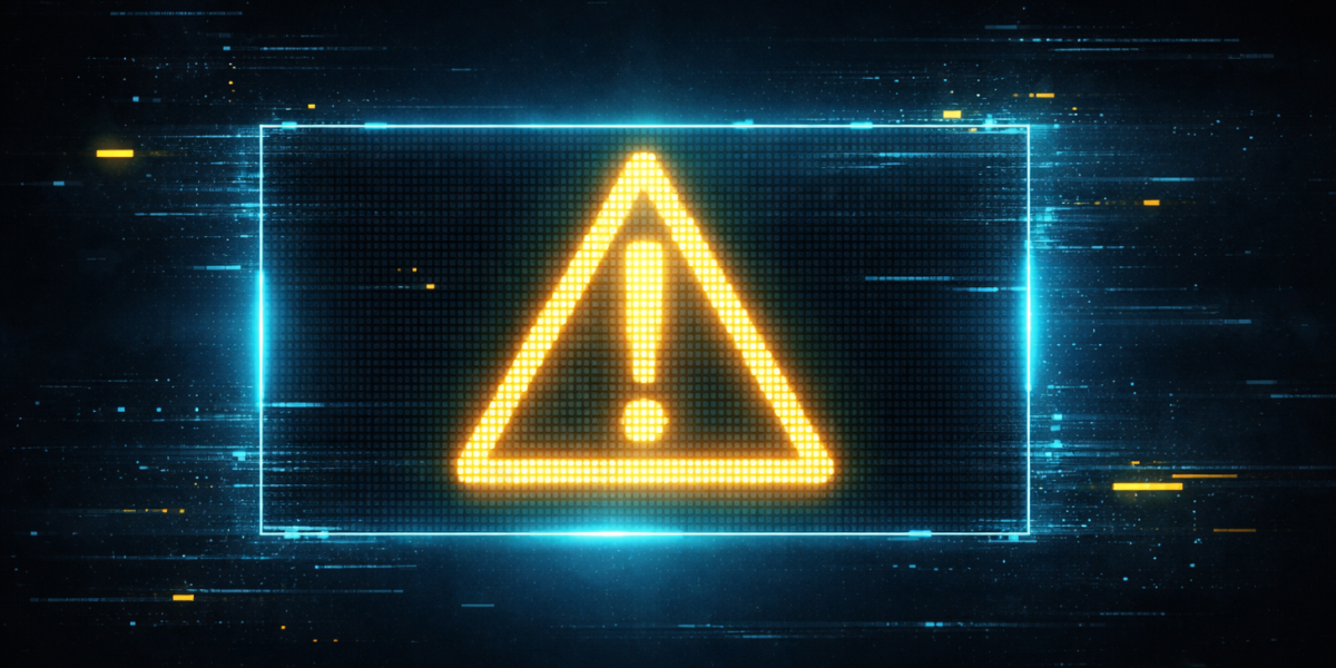 Digitales Warnsymbol mit Ausrufezeichen in einem leuchtenden Dreieck auf dunklem Hintergrund