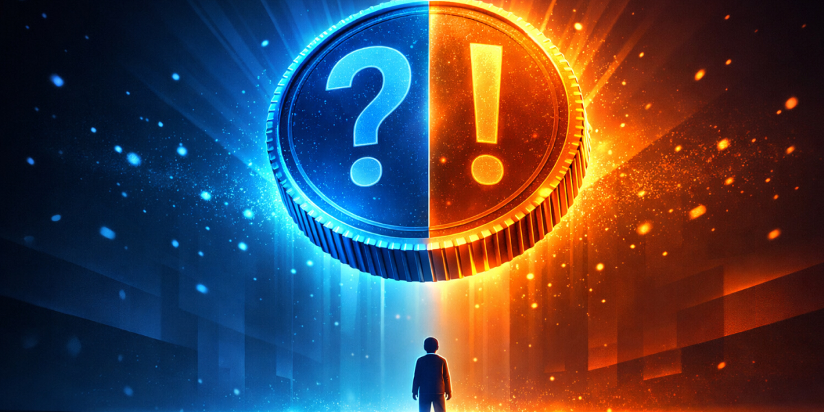 Mensch vor leuchtender Münze mit Frage- und Ausrufezeichen in Blau und Orange