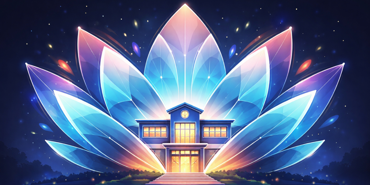 Illustrierte Schule vor leuchtenden, kristallähnlichen Blättern in einer nächtlichen Szene