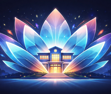 Illustrierte Schule vor leuchtenden, kristallähnlichen Blättern in einer nächtlichen Szene