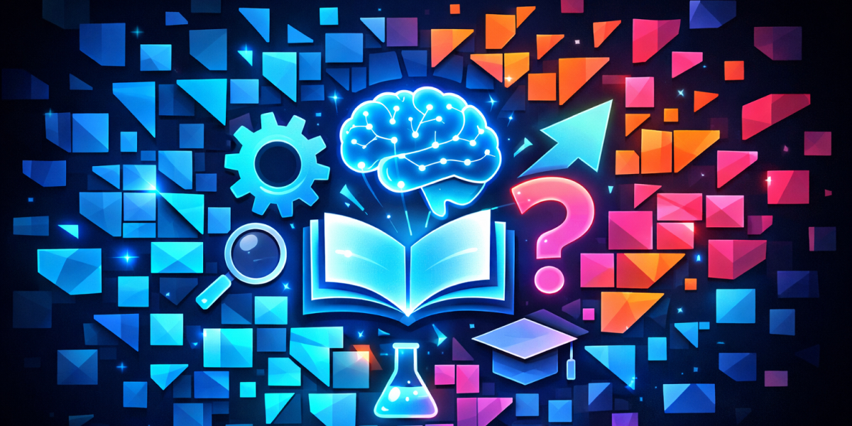 Illustration mit Gehirn, Buch, Fragezeichen und Lernsymbolen in leuchtenden Farben