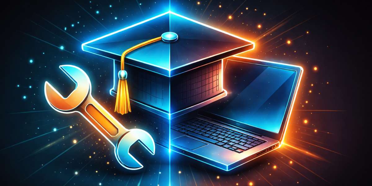 Illustration mit Laptop, Abschlusshut und Schraubenschlüssel als Symbole für Studium und Ausbildung