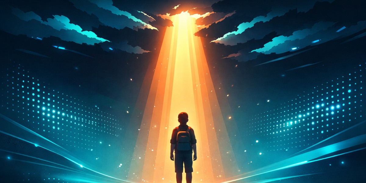 Ein Kind mit Rucksack steht im Lichtstrahl unter dramatischem Himmel - Sinnbild für Entscheidung und Neubeginn