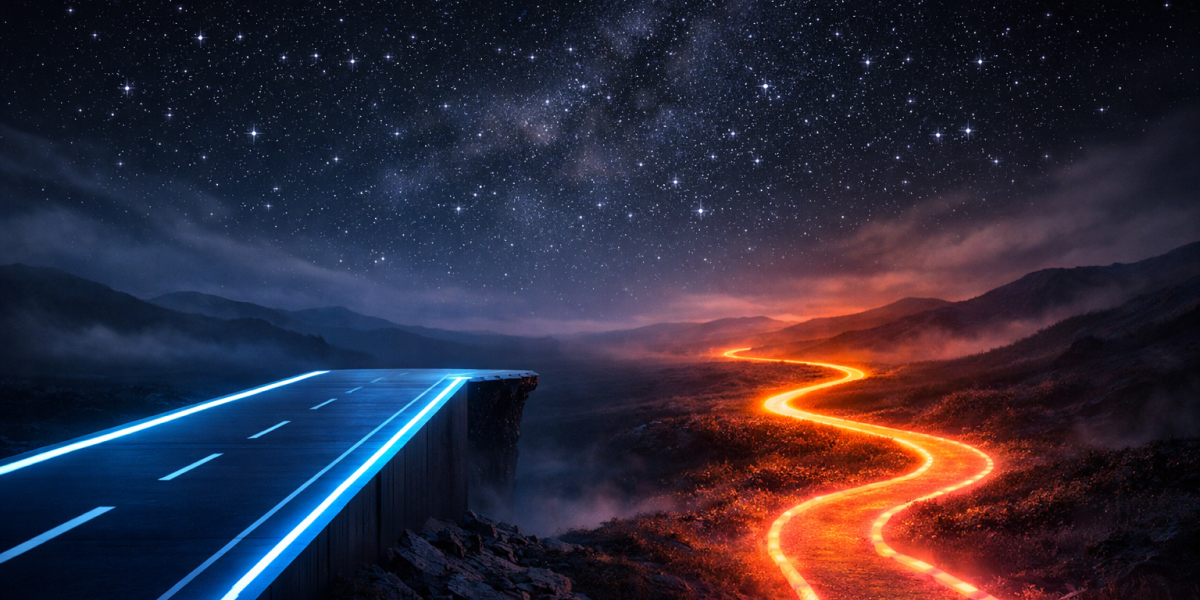 Zweiteiliger Weg bei Nacht: eine gerade blaue Straße endet abrupt, ein leuchtender roter Pfad windet sich weiter