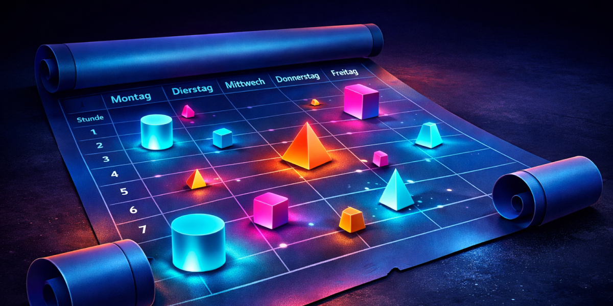 Leuchtende 3D-Formen auf einem Stundenplan, die Lernprozesse und Übergänge symbolisieren