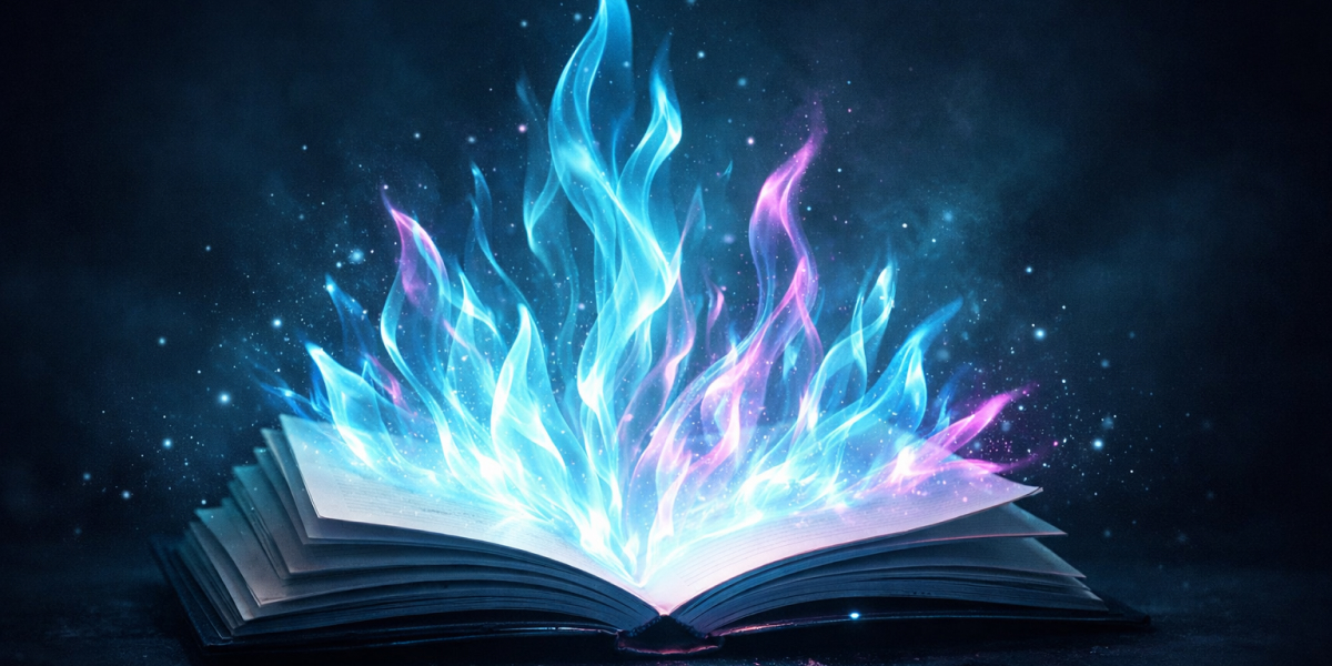 Ein aufgeschlagenes Buch, aus dem blaue und violette magische Flammen aufsteigen