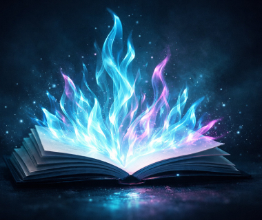 Ein aufgeschlagenes Buch, aus dem blaue und violette magische Flammen aufsteigen