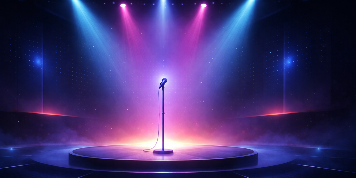 Leere Bühne mit Mikrofon im Rampenlicht, umgeben von farbigen Scheinwerfern