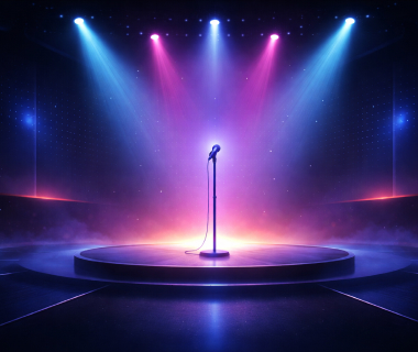 Leere Bühne mit Mikrofon im Rampenlicht, umgeben von farbigen Scheinwerfern