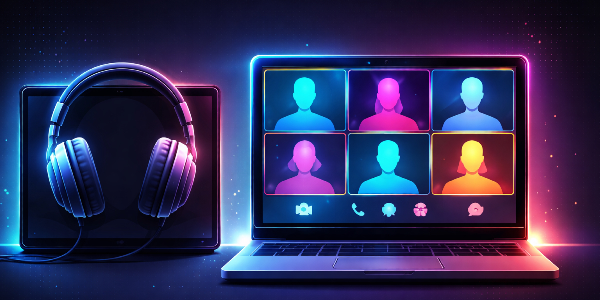 Leuchtende Kopfhörer vor Tablet und Laptop mit virtueller Konferenz in Neonfarben