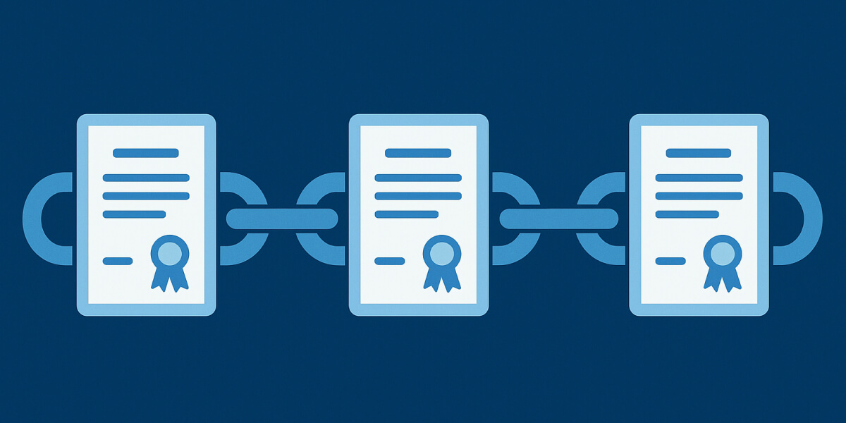Symbolgrafik mit drei digitalen Zertifikaten, die durch Kettenglieder verbunden sind