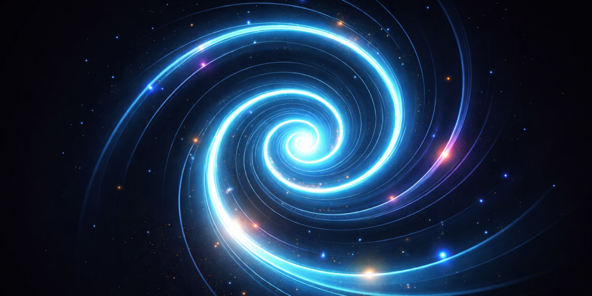 Leuchtende Spiralgalaxie mit hellblauen Lichtbahnen im dunklen All