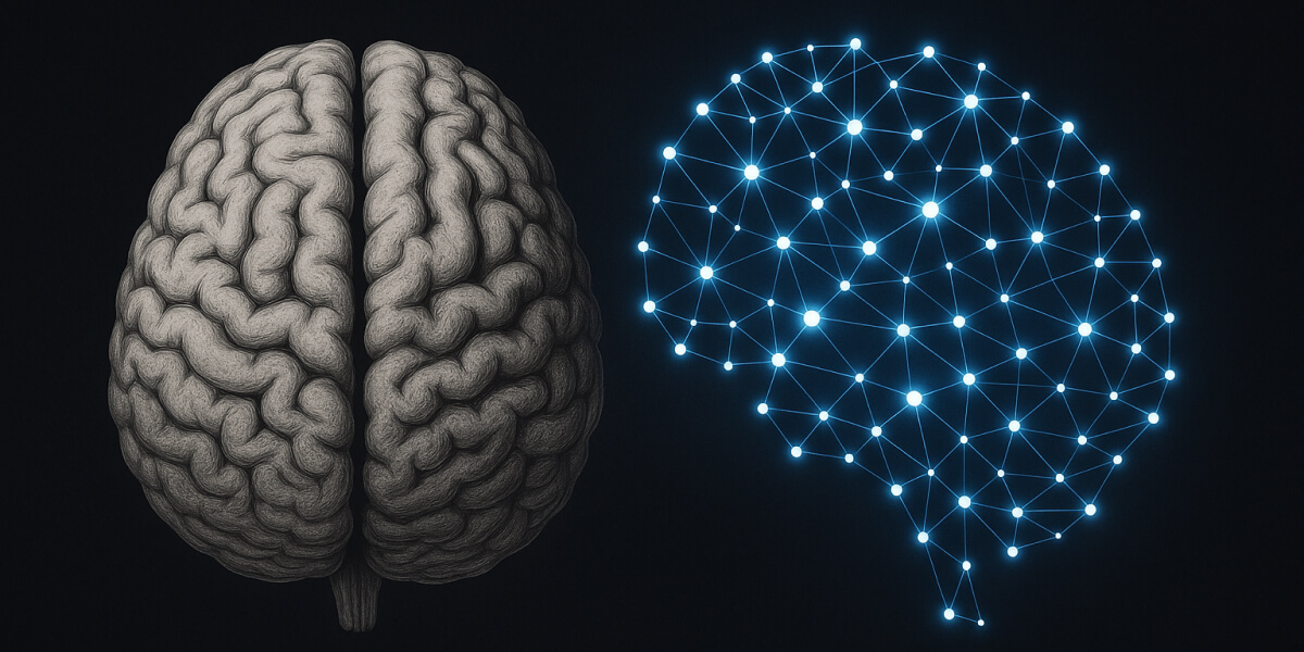 Links ein menschliches Gehirn, rechts ein neuronales Netzwerk als digitale Gehirnstruktur
