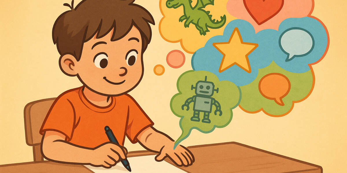 Ein Junge schreibt an einem Tisch, umgeben von Gedankenblasen mit Fantasiesymbolen wie Drache und Roboter