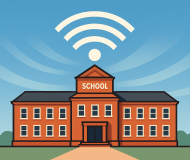 Illustration eines Schulgebäudes mit WLAN-Symbol über dem Dach als Zeichen digitaler Vernetzung