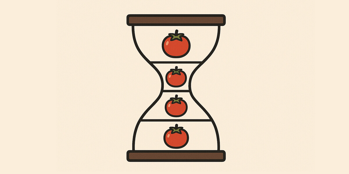 Illustration einer Sanduhr mit vier Tomaten, Symbol der Pomodoro-Technik