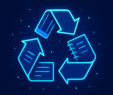 Leuchtendes Recycling-Symbol mit Schulmaterialien wie Heft, Buch und Papier auf dunklem Hintergrund