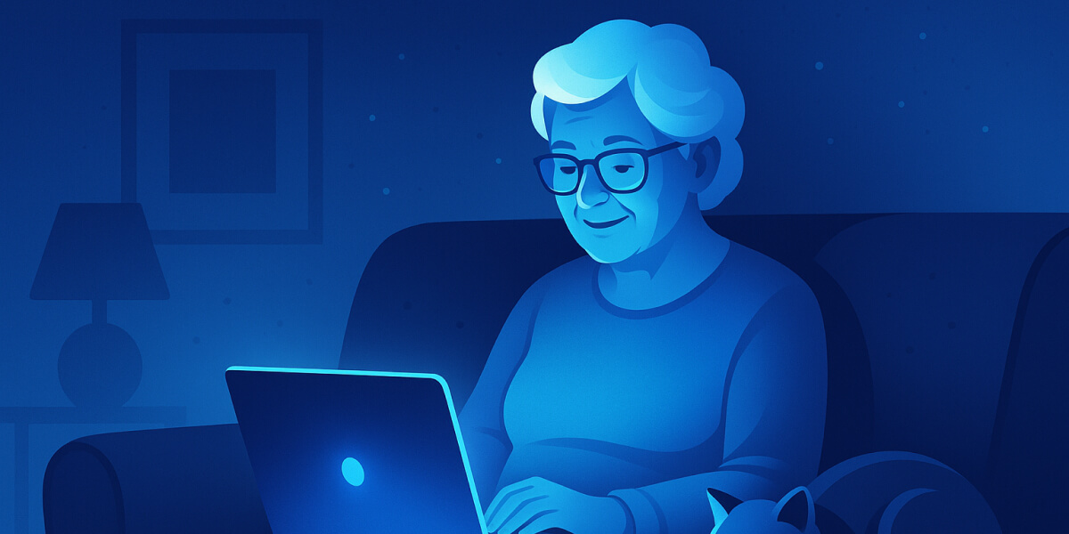Ältere Frau sitzt abends mit Laptop auf dem Sofa, eine Katze liegt neben ihr