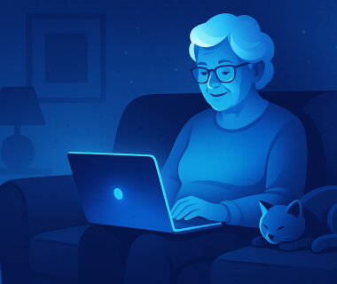 Ältere Frau sitzt abends mit Laptop auf dem Sofa, eine Katze liegt neben ihr