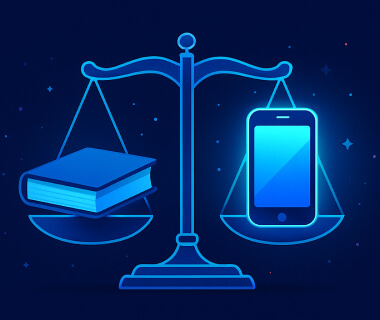 Digitale Waage mit Buch und Smartphone als Symbole für traditionellen und modernen Unterricht