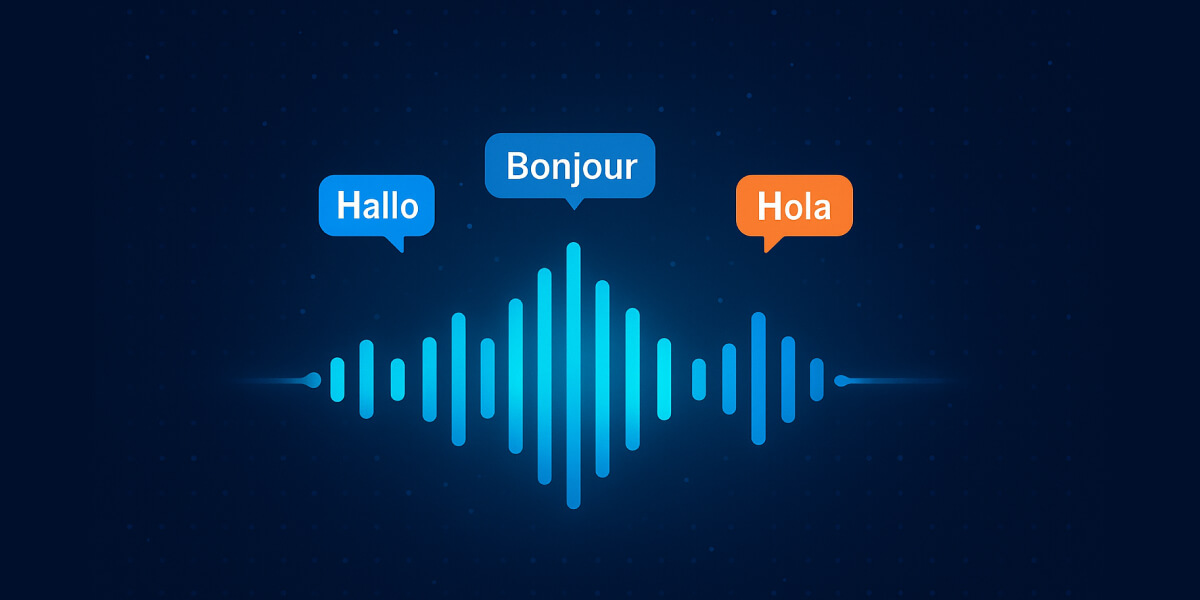 Sprachblasen mit Hallo, Bonjour und Hola über einer stilisierten Klangwellen-Grafik